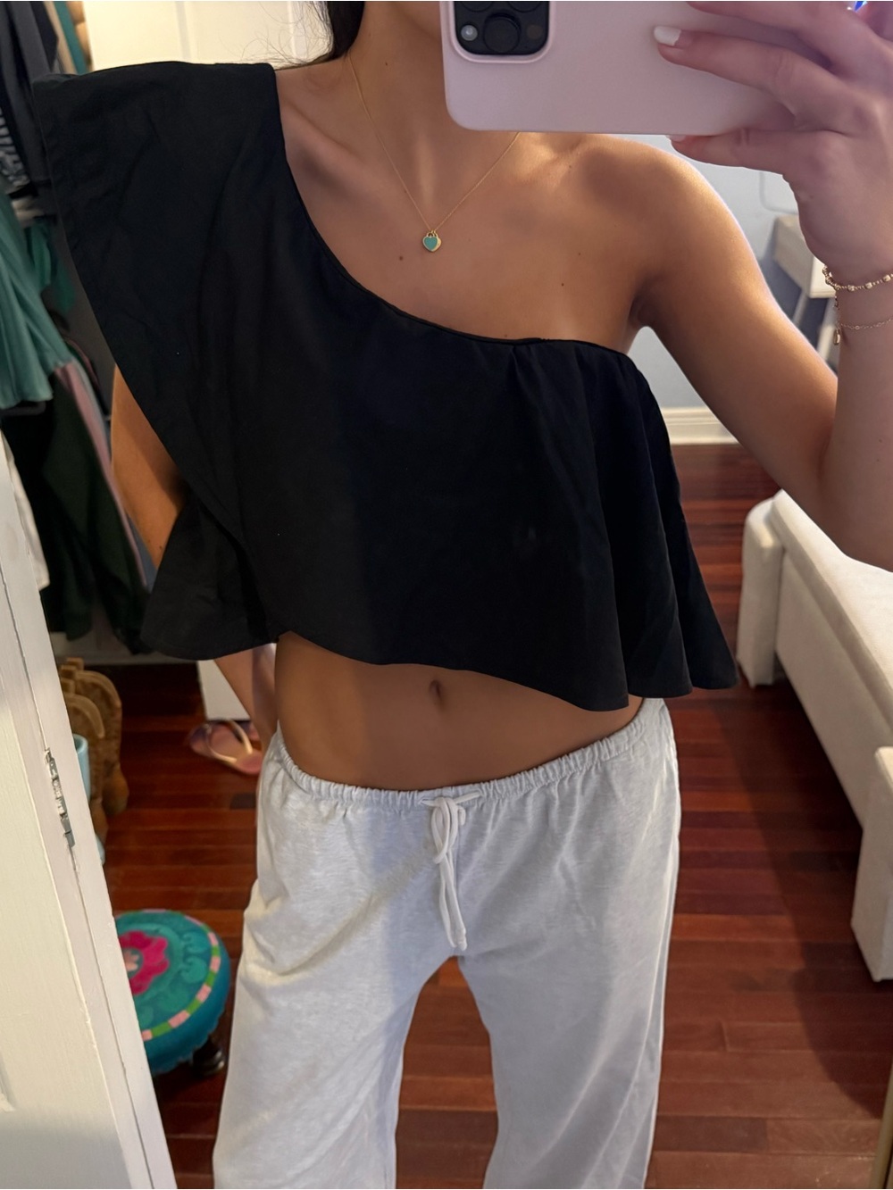 Acne Black One-Shoulder Ruffle Crop
